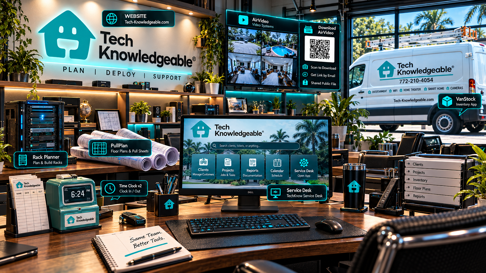 Tech Knowledgeable office with interactive workstations